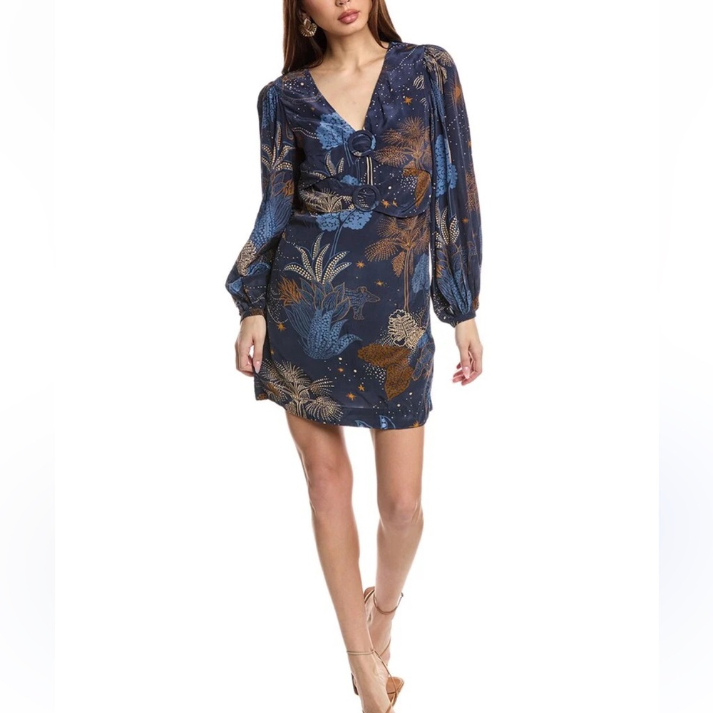 New FARM Rio Navy and Gold Tropical Leafy Long Sleeve Dress